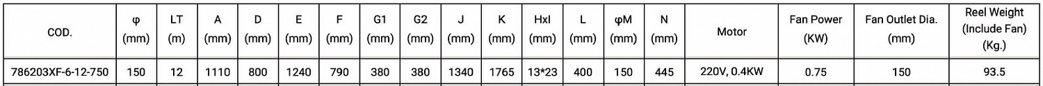 Катушка вытяжная со шлангом 12 метров, с вентилятором JES 786203XF-6-12-750