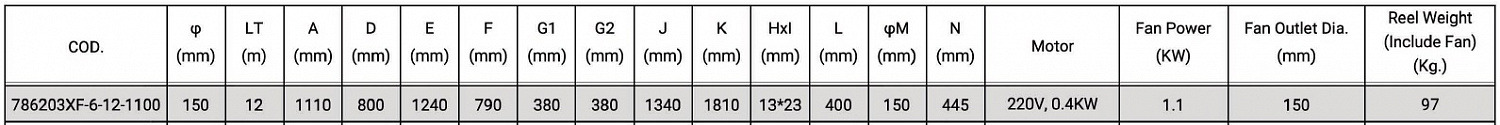 Катушка вытяжная со шлангом 12 метров, с вентилятором JES 786203XF-6-12-1100