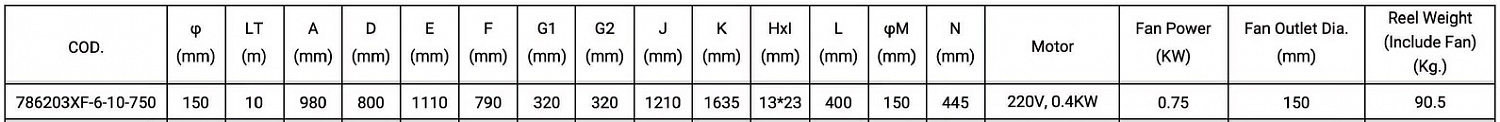 Катушка вытяжная со шлангом 10 метров, с вентилятором JES 786203XF-6-10-750
